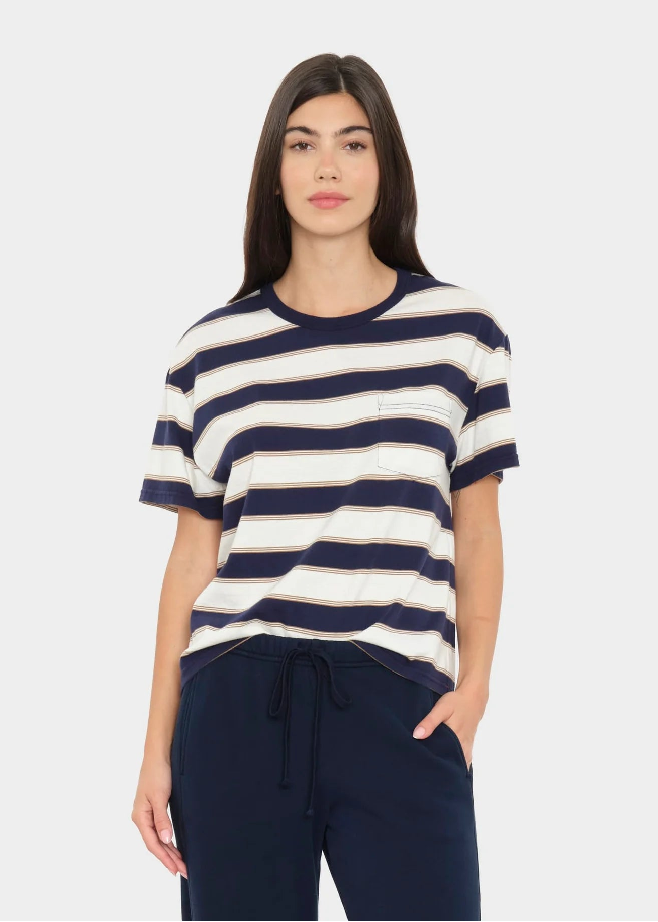 person wearing xirena womens cotton Paulina Tee in Navy Crescent Stripe