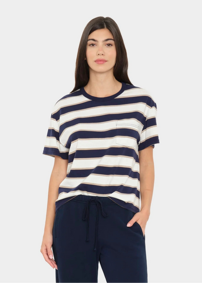 person wearing xirena womens cotton Paulina Tee in Navy Crescent Stripe