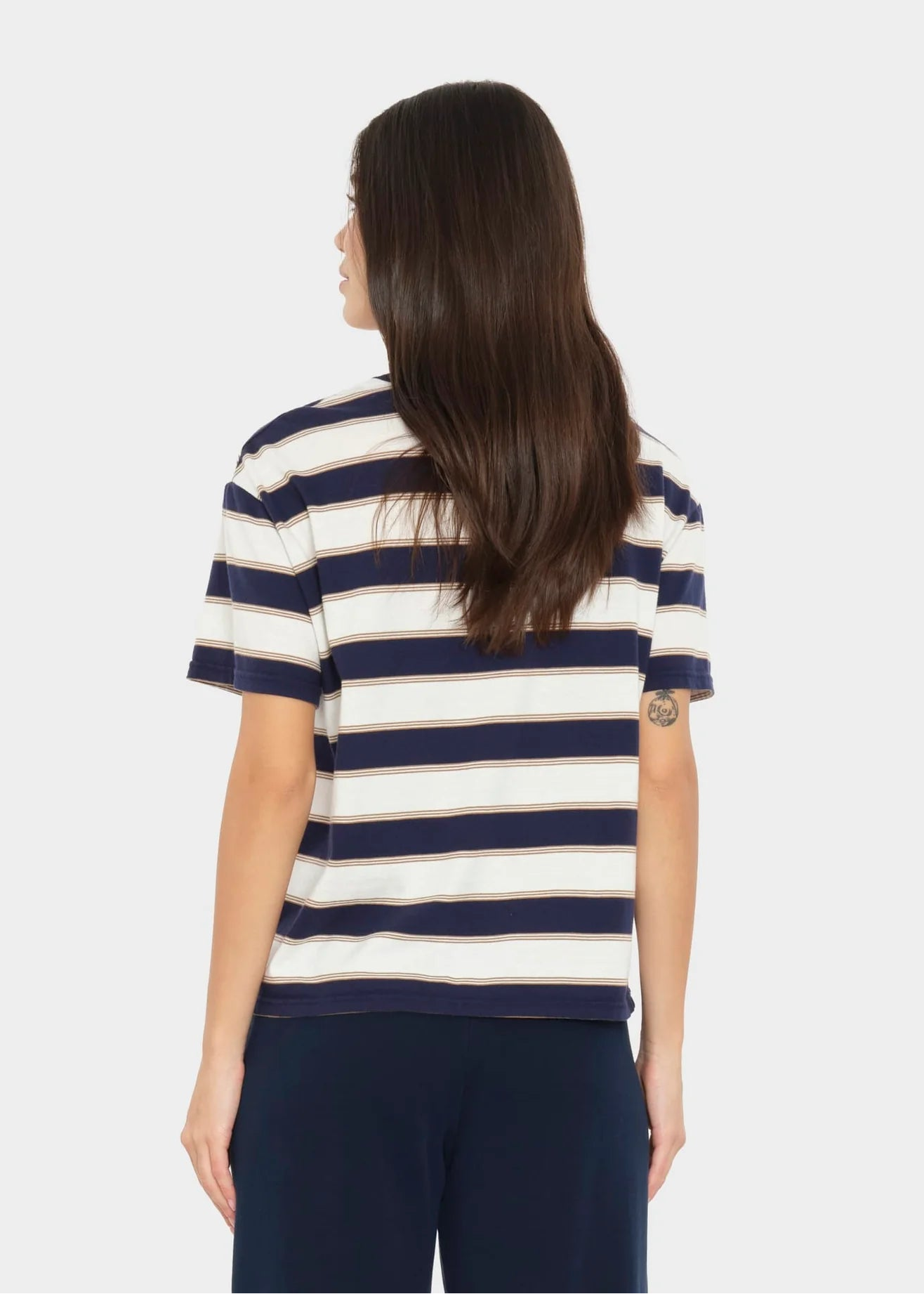 person wearing xirena womens cotton Paulina Tee in Navy Crescent Stripe