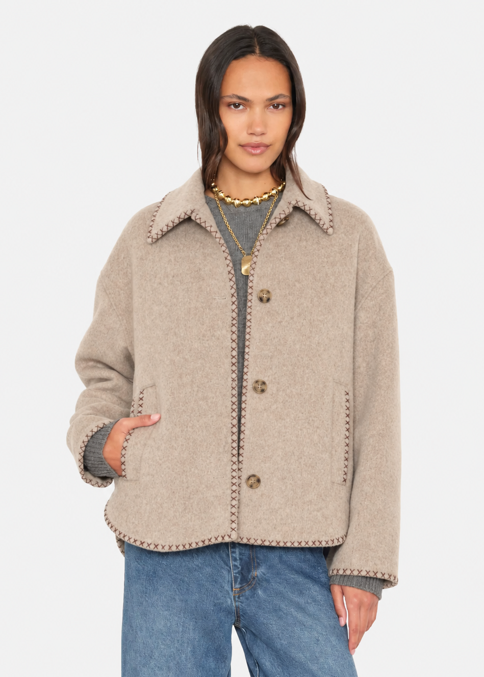 person wearing xirena womens wool Dean Jacket in Taupe
