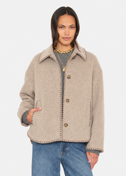 person wearing xirena womens wool Dean Jacket in Taupe