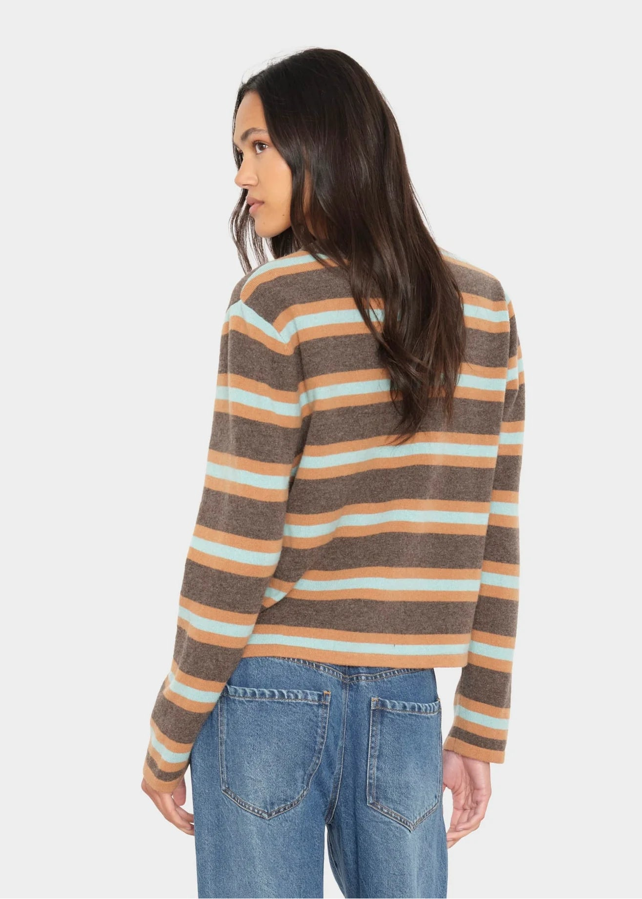 person wearing xirena womens wool cashmere Maxwell Sweater in Bittersweet Mint Stripe