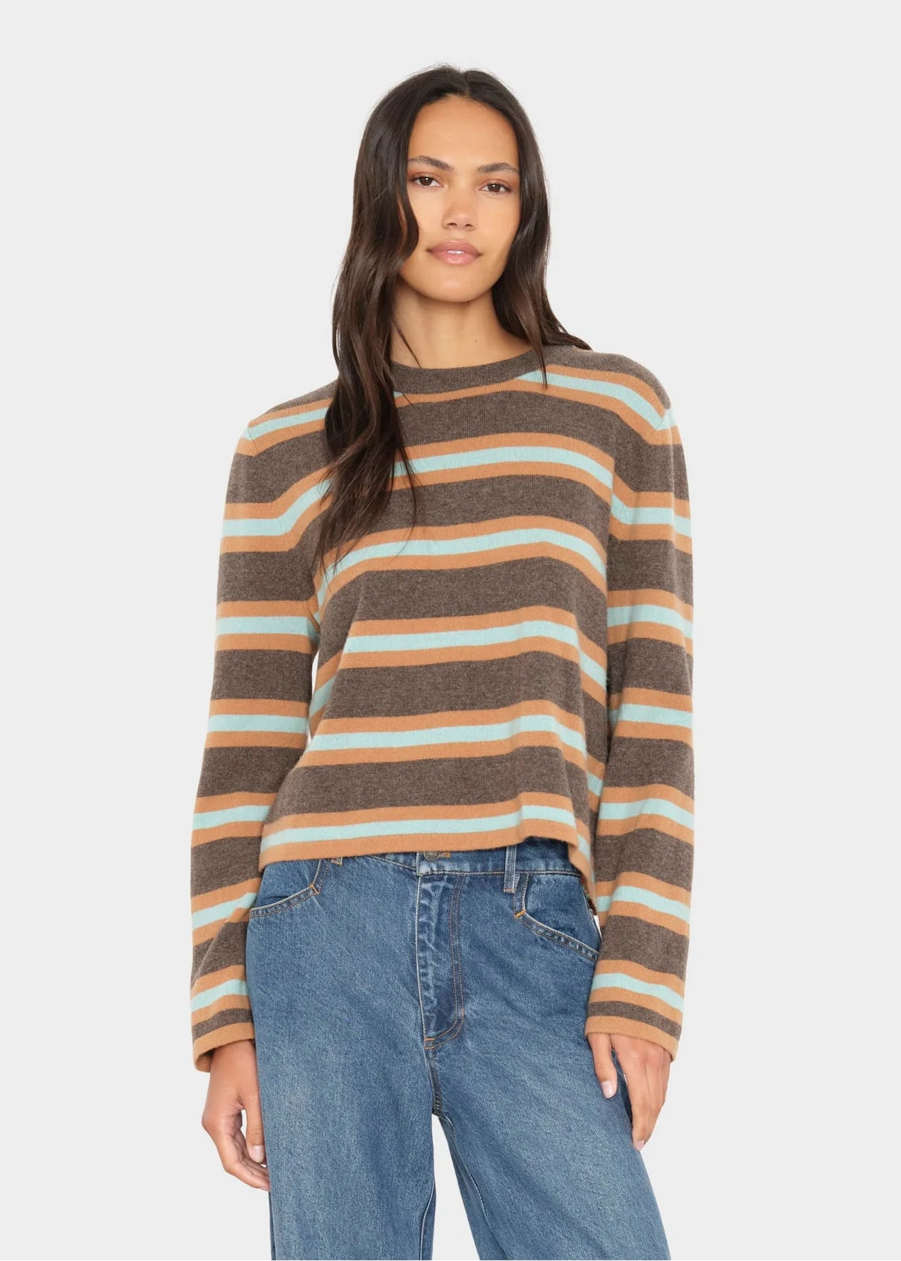 person wearing xirena womens wool cashmere Maxwell Sweater in Bittersweet Mint Stripe